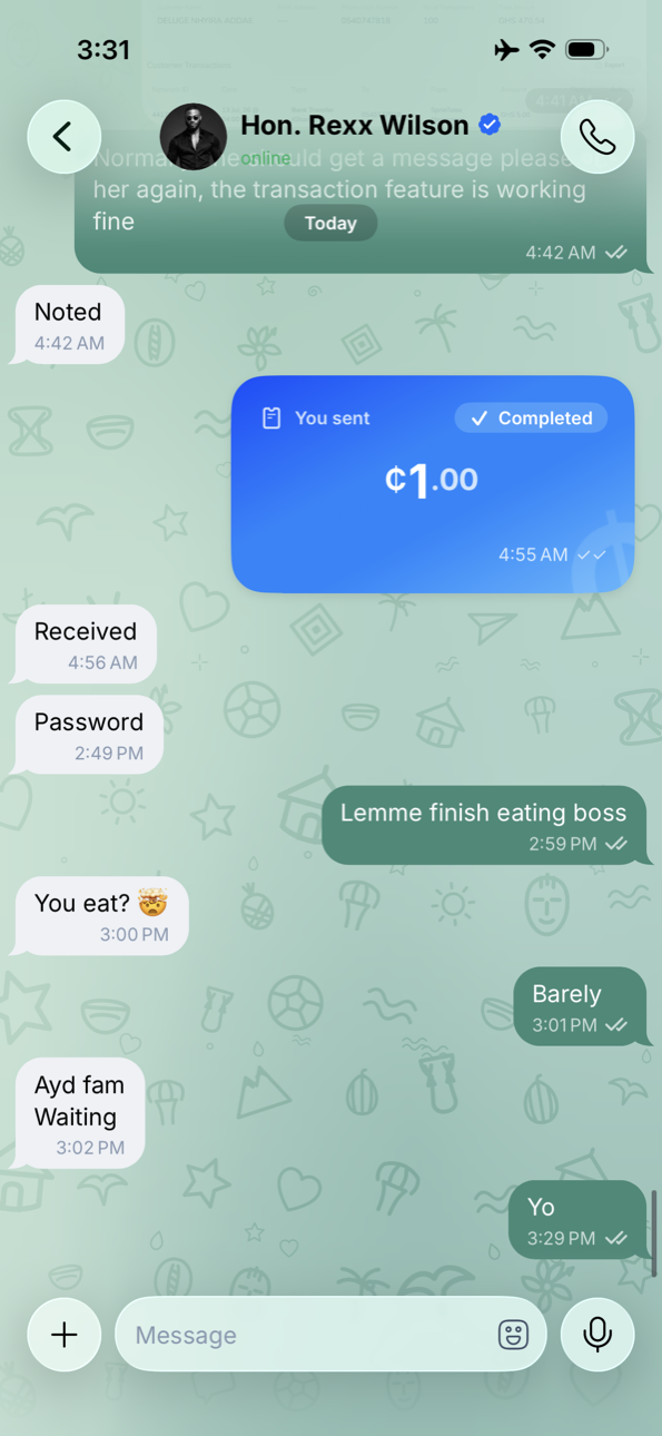 SprinTelex — a chat with a completed ₵ payment